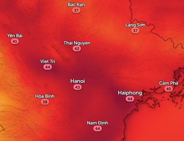 Nhiệt độ cảm nhận ở một số tỉnh thành miền Bắc vào trưa thứ Hai, 27/5. Ảnh: Zoom Earth, OpenStreetMap.