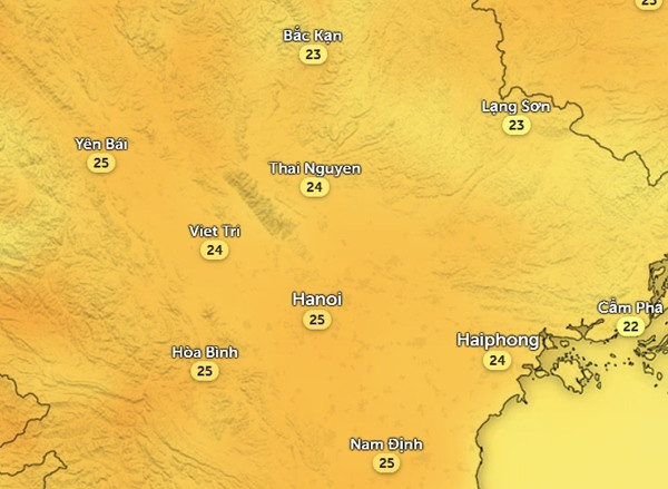 Nhiệt độ ở một số tỉnh thành miền Bắc chiều thứ Năm, 21/3: Toàn miền ấm áp. Ảnh: Zoom Earth, OpenStreetMap.