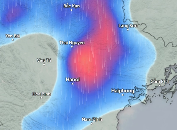Dự báo mưa ở một số tỉnh thành miền Bắc vào tối đến đêm thứ Ba, 2/7 (màu xanh da trời là mưa nhỏ đến vừa, màu đỏ là mưa vừa đến mưa to). Ảnh: Zoom Earth, OpenStreetMap.