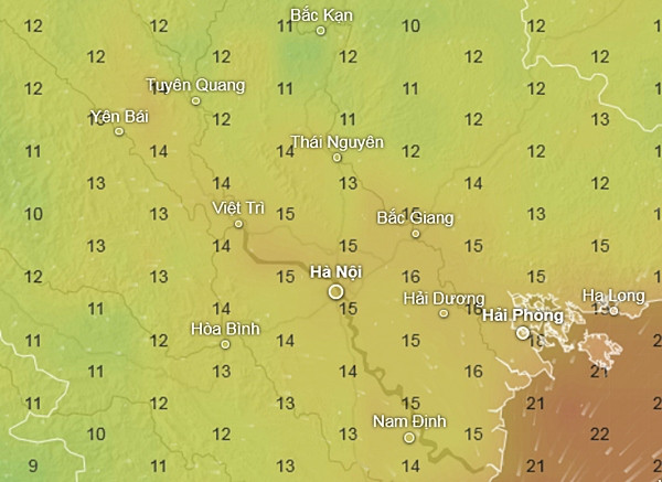 Thời điểm rét nhất ở miền Bắc trong đợt không khí lạnh này có thể là sáng sớm các ngày từ thứ Năm đến Chủ Nhật. Ảnh: Ventusky, ICON.