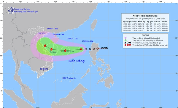 Dự báo của Trung tâm Dự báo Khí tượng Thủy văn Quốc gia nước ta trong bản tin lúc 17h ngày 17/9. Ảnh: NCHMF. Dự báo của Trung tâm Dự báo Khí tượng Thủy văn Quốc gia nước ta trong bản tin lúc 17h ngày 17/9. Ảnh: NCHMF.