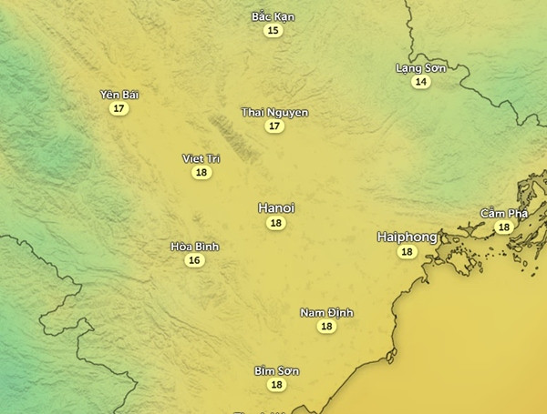 Dự báo nhiệt độ Hà Nội và một số tỉnh thành miền Bắc vào sáng thứ Sáu, 5/1. Ảnh: Zoom Earth, OpenStreetMap. Dự báo nhiệt độ Hà Nội và một số tỉnh thành miền Bắc vào sáng thứ Sáu, 5/1. Ảnh: Zoom Earth, OpenStreetMap.