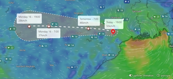 Theo Cơ quan khí tượng Ấn Độ (IMD) thì tàn dư của bão Yagi có sức gió 55 km/h vào tối 14/9, nhiều khả năng sẽ đi về hướng Tây. Ảnh: Windy. Theo Cơ quan khí tượng Ấn Độ (IMD) thì tàn dư của bão Yagi có sức gió 55 km/h vào tối 14/9, nhiều khả năng sẽ đi về hướng Tây. Ảnh: Windy.