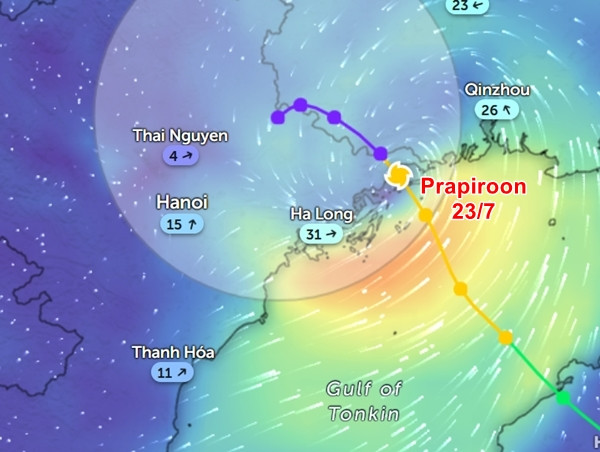 Vị trí và dự báo đường đi của bão số 2 vào sáng nay, 23/7. Ảnh: Zoom Earth, OpenStreetMap.