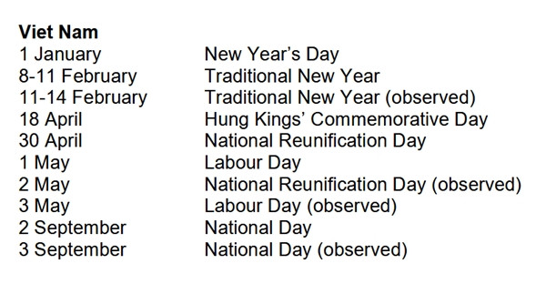 Các ngày nghỉ lễ trong năm nay ở nước ta, được ghi trên trang asean.org. (Ảnh chụp màn hình).