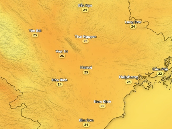 Nhiệt độ Hà Nội và một số tỉnh thành miền Bắc vào chiều 9/1: Trời vẫn khá ấm áp. Ảnh: Zoom Earth, OpenStreetMap. Nhiệt độ Hà Nội và một số tỉnh thành miền Bắc vào chiều 9/1: Trời vẫn khá ấm áp. Ảnh: Zoom Earth, OpenStreetMap.