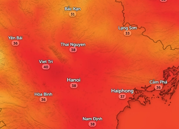 Nhiệt độ cảm nhận thực tế ngoài trời ở một số tỉnh thành miền Bắc vào chiều nay, 27/6. Ảnh: Zoom Earth, OpenStreetMap.