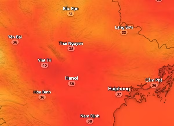 Nhiệt độ cảm nhận thực tế ngoài trời ở một số tỉnh thành miền Bắc vào chiều nay, 27/6. Ảnh: Zoom Earth, OpenStreetMap.