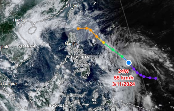 Vị trí hiện tại và đường đi dự báo của ATNĐ 24W, theo JTWC. Ảnh: Zoom Earth, JMA, JTWC.