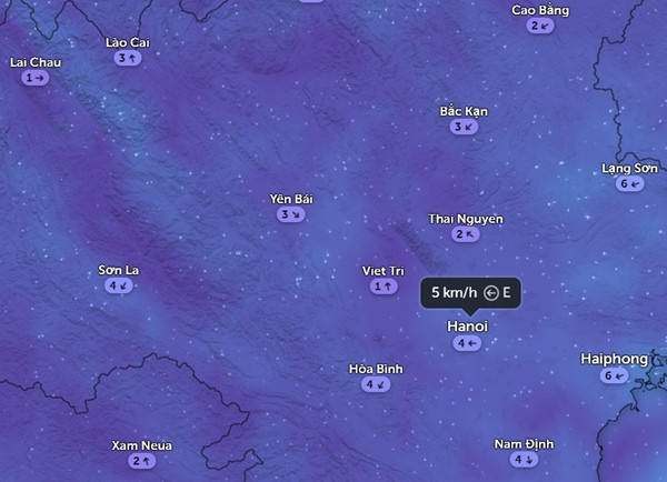 Nhiều hướng gió khác nhau ở các tỉnh thành miền Bắc trong buổi sáng nay, 13/8. Ảnh: Zoom Earth, OpenStreetMap. Nhiều hướng gió khác nhau ở các tỉnh thành miền Bắc trong buổi sáng nay, 13/8. Ảnh: Zoom Earth, OpenStreetMap.
