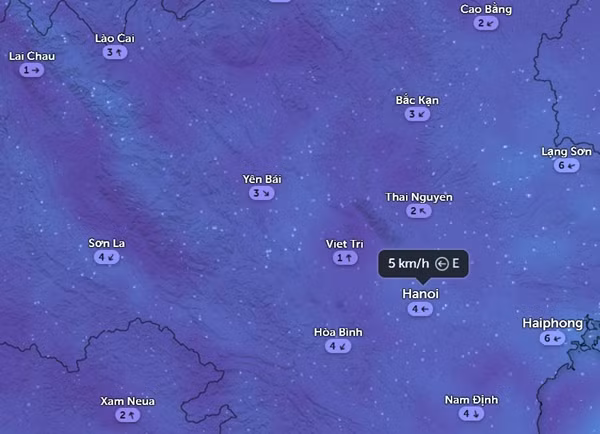 Nhiều hướng gió khác nhau ở các tỉnh thành miền Bắc trong buổi sáng nay, 13/8. Ảnh: Zoom Earth, OpenStreetMap.