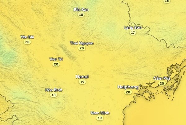 Nhiệt độ ở một số tỉnh thành miền Bắc vào trưa mai, 26/11. Ảnh: Zoom Earth, OpenStreetMap, ICON. Nhiệt độ ở một số tỉnh thành miền Bắc vào trưa mai, 26/11. Ảnh: Zoom Earth, OpenStreetMap, ICON.