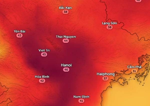 Nhiệt độ một số tỉnh thành miền Bắc vào chiều nay và chiều mai (2/4 và 3/4). Ảnh: Zoom Earth, OpenStreetMap.