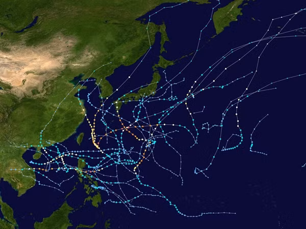 Hình tổng hợp những cơn bão ở Tây Bắc Thái Bình Dương vào năm 2022, là một năm có La Nina. Ảnh: Wikipedia.