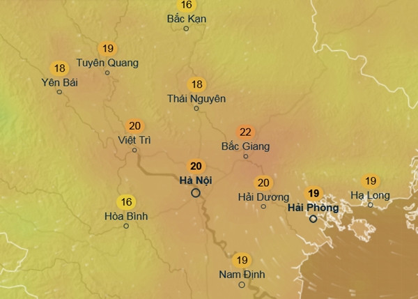 Nhiệt độ cảm nhận ở một số tỉnh thành miền Bắc vào tối 2/1, khi diễn ra trận Chung kết lượt đi AFF Cup 2024. Ảnh: Ventusky, ICON.