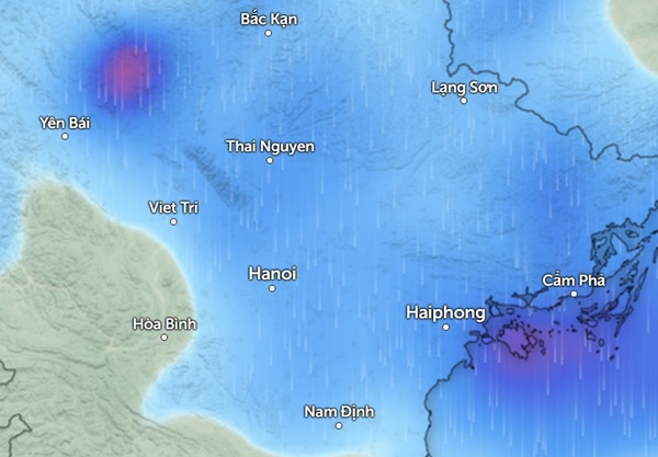 Dự báo mưa ở một số tỉnh thành miền Bắc vào sáng thứ Hai, 10/6. Ảnh: Zoom Earth, OpenStreetMap. Dự báo mưa ở một số tỉnh thành miền Bắc vào sáng thứ Hai, 10/6. Ảnh: Zoom Earth, OpenStreetMap.