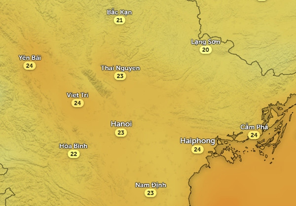 Nhiệt độ cảm nhận ở một số tỉnh thành miền Bắc vào rạng sáng mai, 2/10. Ảnh: Zoom Earth, OpenStreetMap. Nhiệt độ cảm nhận ở một số tỉnh thành miền Bắc vào rạng sáng mai, 2/10. Ảnh: Zoom Earth, OpenStreetMap.