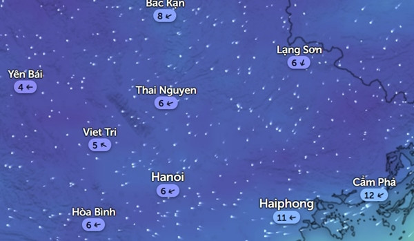 Hướng và tốc độ gió (km/h) ở Hà Nội và một số tỉnh thành miền Bắc vào tối Chủ Nhật, 21/1. Ảnh: Zoom Earth, OpenStreetMap. Hướng và tốc độ gió (km/h) ở Hà Nội và một số tỉnh thành miền Bắc vào tối Chủ Nhật, 21/1. Ảnh: Zoom Earth, OpenStreetMap.