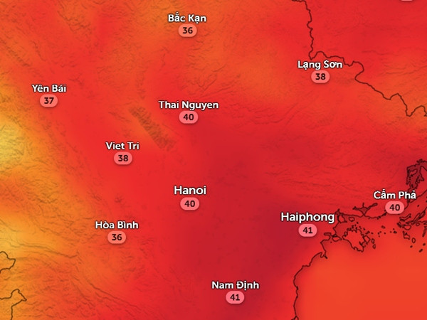Nhiệt độ cảm nhận ở một số tỉnh thành miền Bắc vào chiều nay, 27/8. Ảnh: Zoom Earth, OpenStreetMap. Nhiệt độ cảm nhận ở một số tỉnh thành miền Bắc vào chiều nay, 27/8. Ảnh: Zoom Earth, OpenStreetMap.