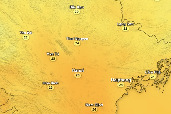 Nhiệt độ cảm nhận ở một số tỉnh thành miền Bắc vào trưa và chiều mai, 10/12: Trời đỡ lạnh. Ảnh: Zoom Earth, OpenStreetMap, ICON.