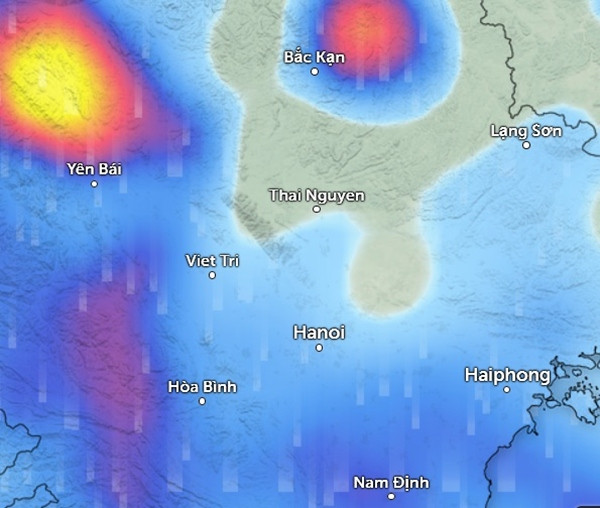 Dự báo mưa ở một số tỉnh thành miền Bắc vào chiều đến chiều tối nay (màu xanh da trời là mưa nhỏ đến vừa, màu đỏ và vàng là mưa vừa đến mưa to). Ảnh: Zoom Earth, OpenStreetMap. Dự báo mưa ở một số tỉnh thành miền Bắc vào chiều đến chiều tối nay (màu xanh da trời là mưa nhỏ đến vừa, màu đỏ và vàng là mưa vừa đến mưa to). Ảnh: Zoom Earth, OpenStreetMap.