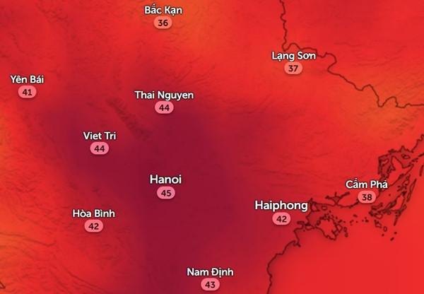 Nhiệt độ cảm nhận ở một số tỉnh thành miền Bắc vào đầu giờ chiều nay, 21/6. Ảnh: Zoom Earth, OpenStreetMap.