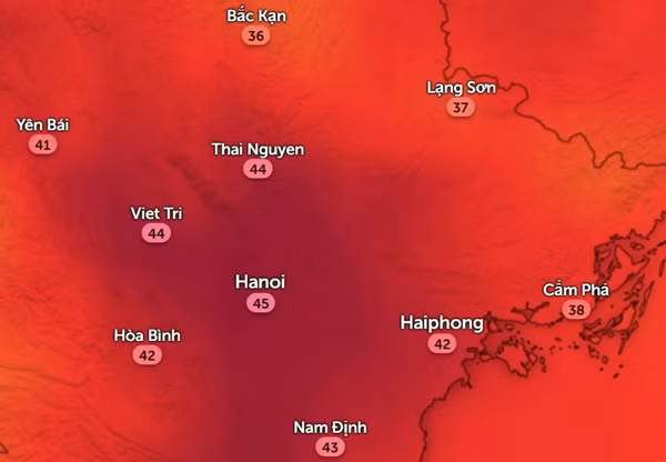 Nhiệt độ cảm nhận ở một số tỉnh thành miền Bắc vào đầu giờ chiều nay, 21/6. Ảnh: Zoom Earth, OpenStreetMap.