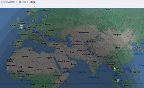 Đích đến của SQ321 là Singapore nhưng chuyến bay đã phải hạ cánh khẩn cấp ở Bangkok. Ảnh: FlightRadar24.