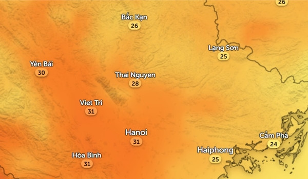 Dự báo khả năng mưa (số %) ở Hà Nội từ sáng đến tối ngày thứ Năm. Ảnh: Cơ quan khí tượng Vương quốc Anh. Dự báo khả năng mưa (số %) ở Hà Nội từ sáng đến tối ngày thứ Năm. Ảnh: Cơ quan khí tượng Vương quốc Anh.