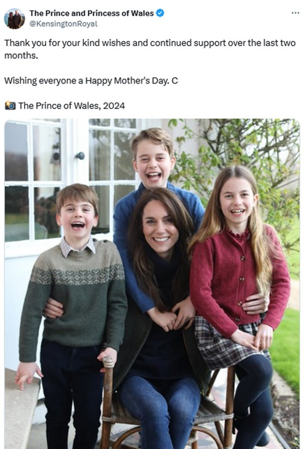 Bài đăng trên tài khoản của William - Kate hôm 10/3 kèm hình ảnh mà Kate nhận là đã chỉnh sửa. (Ảnh chụp màn hình X).