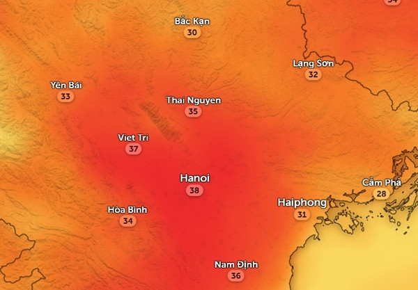Nhiệt độ ở một số tỉnh thành miền Bắc vào chiều thứ Bảy, 22/3: Nhiều khu vực khá nóng. Ảnh: Zoom Earth, OpenStreetMap.