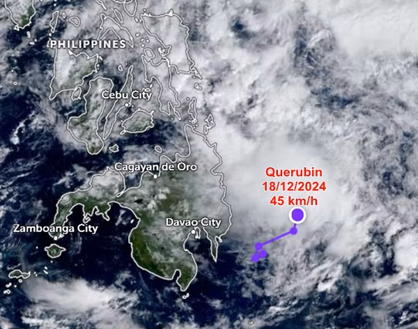 Vị trí của ATNĐ Querubin sáng nay, 18/12. Ảnh: Zoom Earth, JMA, JTWC.