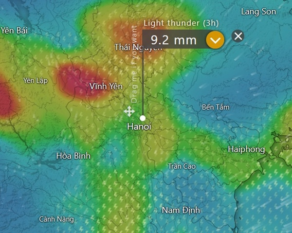 Dự báo một số tỉnh thành ở miền Bắc, bao gồm Hà Nội, có mưa vừa đến mưa to (những vùng màu xanh lá cây, vàng và đỏ trong hình) trong ngày thứ Năm, 16/5. Ảnh: Windy. Dự báo một số tỉnh thành ở miền Bắc, bao gồm Hà Nội, có mưa vừa đến mưa to (những vùng màu xanh lá cây, vàng và đỏ trong hình) trong ngày thứ Năm, 16/5. Ảnh: Windy.