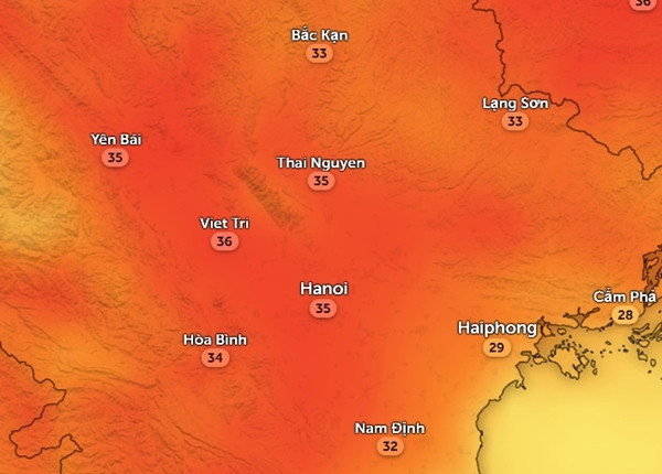 Nhiệt độ ở một số tỉnh thành miền Bắc nước ta vào chiều nay, 25/3. Ảnh: Zoom Earth, OpenStreetMap. Nhiệt độ ở một số tỉnh thành miền Bắc nước ta vào chiều nay, 25/3. Ảnh: Zoom Earth, OpenStreetMap.