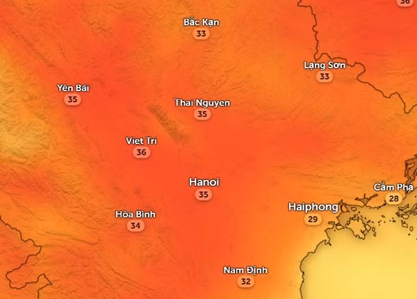 Nhiệt độ ở một số tỉnh thành miền Bắc nước ta vào chiều nay, 25/3. Ảnh: Zoom Earth, OpenStreetMap.