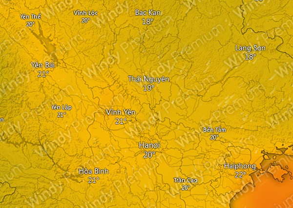 Dự báo nhiệt độ ở một số tỉnh thành miền Bắc vào sáng sớm ngày 3 - 4/10. Ảnh: Windy.