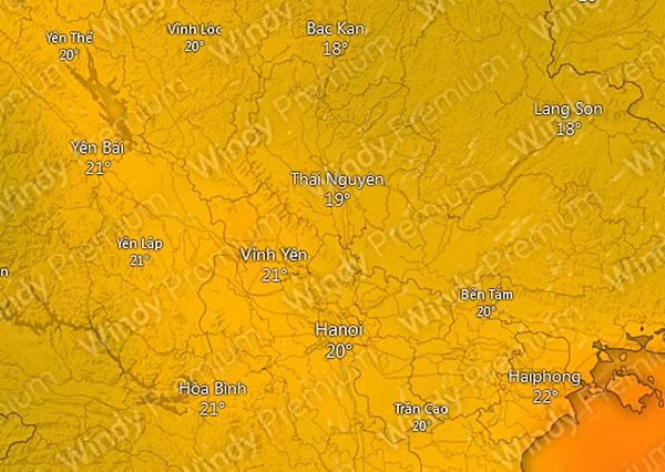 Dự báo nhiệt độ ở một số tỉnh thành miền Bắc vào sáng sớm ngày 3 - 4/10. Ảnh: Windy.