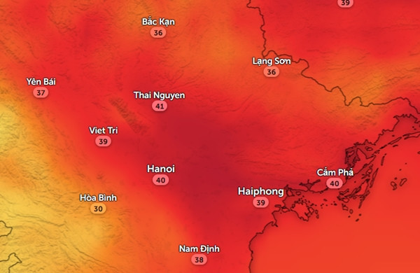 Nhiệt độ cảm nhận ở một số tỉnh thành miền Bắc vào chiều nay, 20/9. Ảnh: Zoom Earth, OpenStreetMap.