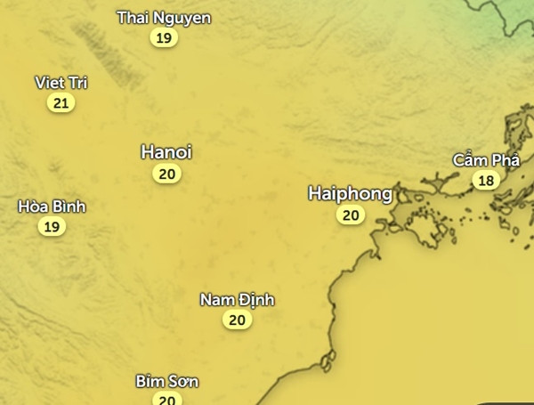 Dự báo nhiệt độ Hà Nội và một số tỉnh thành miền Bắc vào 19h ngày 3/1/2024. Ảnh: Zoom Earth, OpenStreetMap.