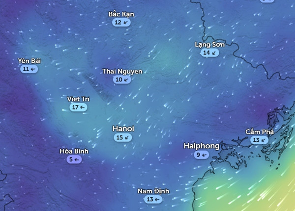 Trong ngày mai, miền Bắc lại chuyển gió Đông Bắc (hôm nay, 10/12, đang là gió Đông - Đông Nam). Trong hình là hướng và tốc độ gió vào tối mai. Ảnh: Zoom Earth, OpenStreetMap, ICON.