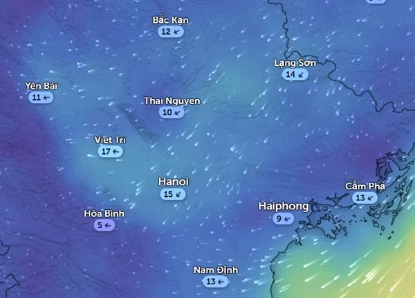 Trong ngày mai, miền Bắc lại chuyển gió Đông Bắc (hôm nay, 10/12, đang là gió Đông - Đông Nam). Trong hình là hướng và tốc độ gió vào tối mai. Ảnh: Zoom Earth, OpenStreetMap, ICON. Trong ngày mai, miền Bắc lại chuyển gió Đông Bắc (hôm nay, 10/12, đang là gió Đông - Đông Nam). Trong hình là hướng và tốc độ gió vào tối mai. Ảnh: Zoom Earth, OpenStreetMap, ICON.