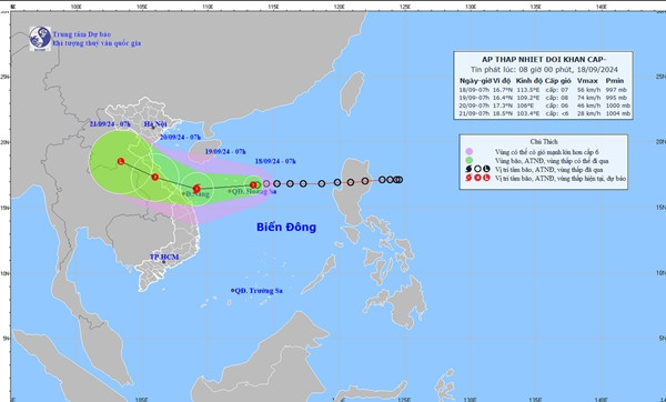 Dự báo của Trung tâm Dự báo Khí tượng Thủy văn Quốc gia trong bản tin 8h sáng nay, 18/9. Ảnh: NCHMF. Dự báo của Trung tâm Dự báo Khí tượng Thủy văn Quốc gia trong bản tin 8h sáng nay, 18/9. Ảnh: NCHMF.