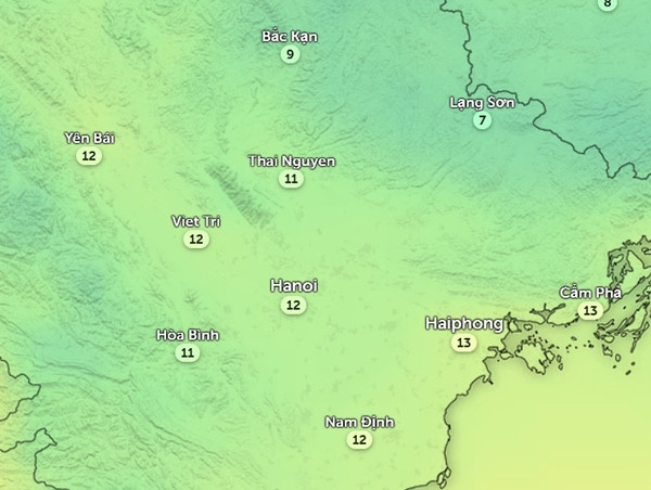 Dự báo nhiệt độ Hà Nội và một số tỉnh thành miền Bắc vào chiều mai, 25/1. Ảnh: Zoom Earth, OpenStreetMap. Dự báo nhiệt độ Hà Nội và một số tỉnh thành miền Bắc vào chiều mai, 25/1. Ảnh: Zoom Earth, OpenStreetMap.