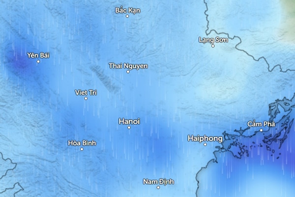 Dự báo mưa ở nhiều tỉnh thành miền Bắc vào sáng thứ Bảy, 8/6 (những vùng màu xanh da trời là mưa nhỏ đến vừa). Ảnh: Zoom Earth, OpenStreetMap.
