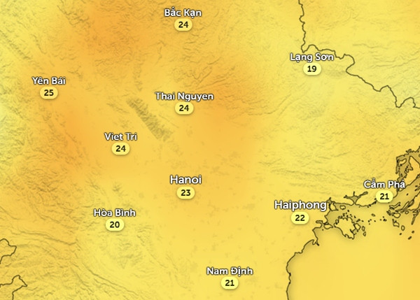 Nhiệt độ cảm nhận ở một số tỉnh thành miền Bắc vào trưa và chiều nay, 28/10. Ảnh: Zoom Earth, OpenStreetMap, GFS. Nhiệt độ cảm nhận ở một số tỉnh thành miền Bắc vào trưa và chiều nay, 28/10. Ảnh: Zoom Earth, OpenStreetMap, GFS.