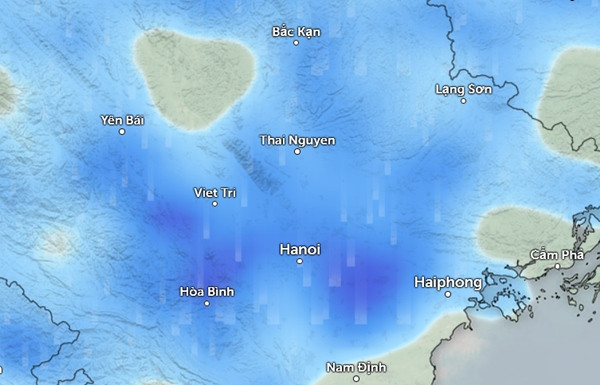Dự báo mưa ở một số tỉnh thành miền Bắc vào chiều tối nay, 20/8 (những vùng màu xanh da trời là có mưa nhỏ đến vừa). Ảnh: Zoom Earth, OpenStreetMap.