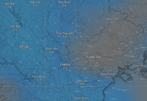 Dự báo mưa (những vùng màu xanh da trời) ở một số tỉnh thành miền Bắc vào sáng Chủ Nhật, 20/10. Ảnh: Windy. Dự báo mưa (những vùng màu xanh da trời) ở một số tỉnh thành miền Bắc vào sáng Chủ Nhật, 20/10. Ảnh: Windy.