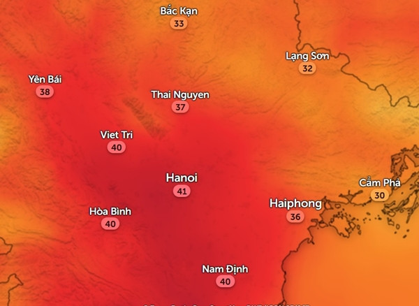 Nhiệt độ cảm nhận thực tế ngoài trời ở một số tỉnh thành miền Bắc vào đầu giờ chiều thứ Bảy, 4/5. Ảnh: Zoom Earth, OpenStreetMap. Nhiệt độ cảm nhận thực tế ngoài trời ở một số tỉnh thành miền Bắc vào đầu giờ chiều thứ Bảy, 4/5. Ảnh: Zoom Earth, OpenStreetMap.