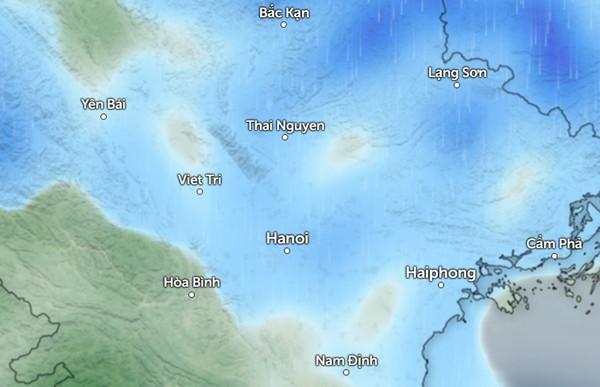 Chiều nay ở một số tỉnh thành miền Bắc vẫn có mưa (màu xanh da trời trong hình) nhưng chủ yếu là mưa nhỏ đến vừa, lượng mưa giảm dần. Ảnh: Zoom Earth, OpenStreetMap. Chiều nay ở một số tỉnh thành miền Bắc vẫn có mưa (màu xanh da trời trong hình) nhưng chủ yếu là mưa nhỏ đến vừa, lượng mưa giảm dần. Ảnh: Zoom Earth, OpenStreetMap.