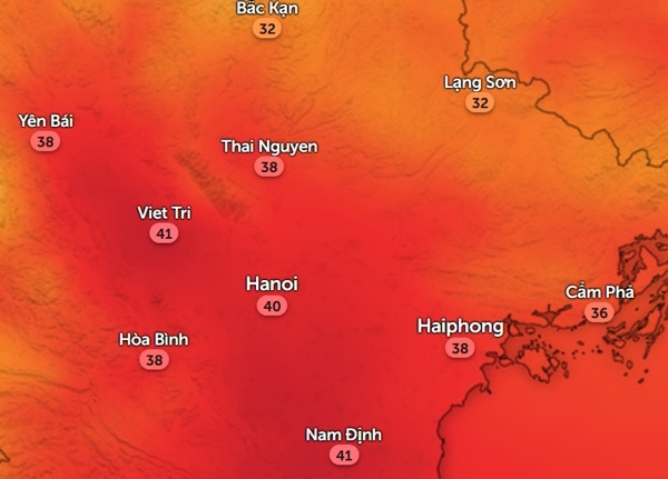 Nhiệt độ cảm nhận ở một số tỉnh thành miền Bắc vào đầu giờ chiều nay, 23/8. Ảnh: Zoom Earth, OpenStreetMap.